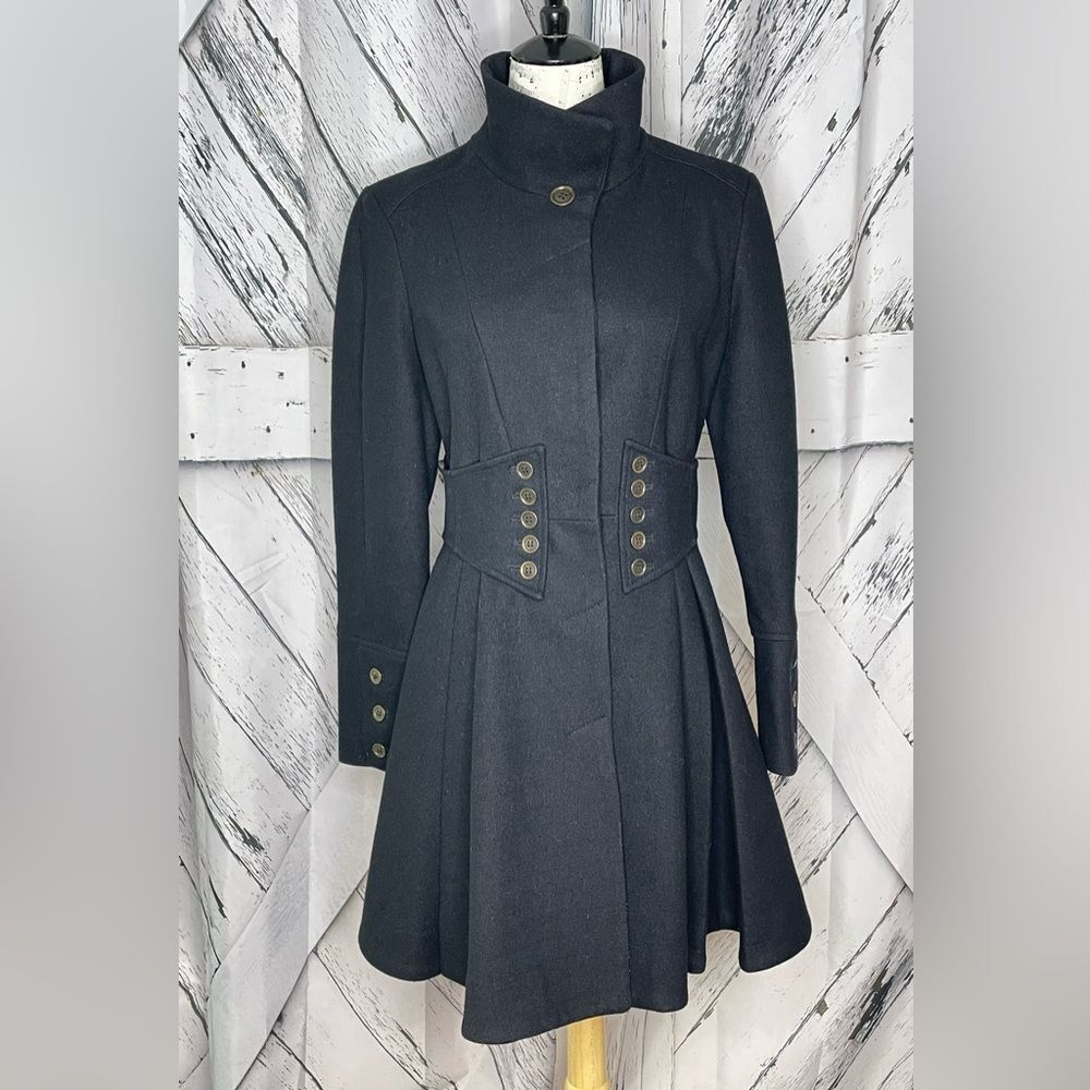Betsey Johnson Wool Blend Corset Flared Coat Black Size 10